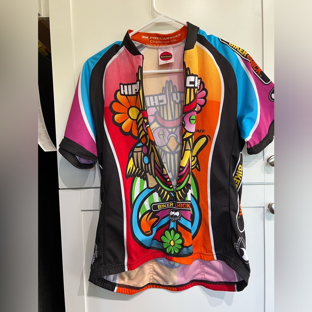 Hippie Chick Cycling Jersey, Biker Chic XL 1/4 zipper front , pockets, vibrant
